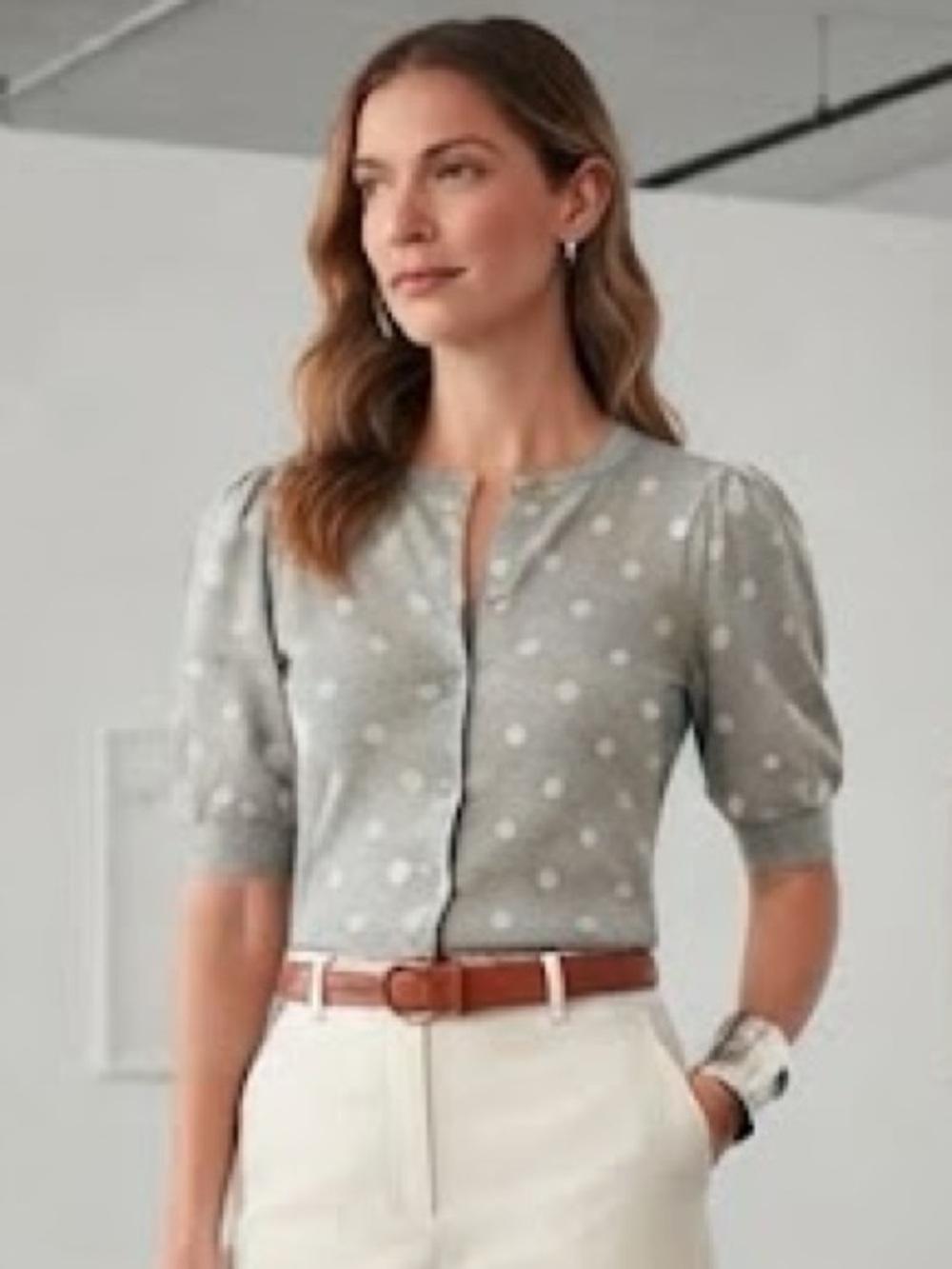 American Eagle Outfitters- Grey & White Polka Dot Puffed Short Sleeve Cardigan